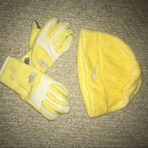 Yellow Furry Northface Hat and Glove Set